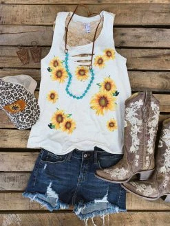 Bling-A-Gogo Sunflowers Tank - Natural