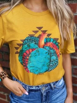 Miss Mud Pie Tees Turquoise Pumpkin Tee - Mustard