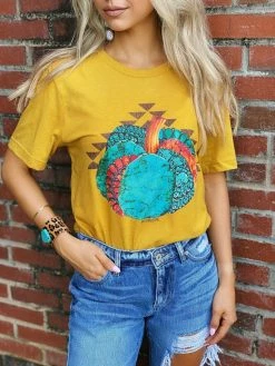 Miss Mud Pie Tees Turquoise Pumpkin Tee - Mustard