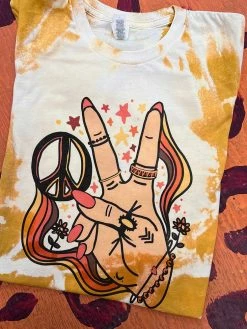 Miss Mud Pie Groovy Peace Hand T-shirt - Mustard Bleach